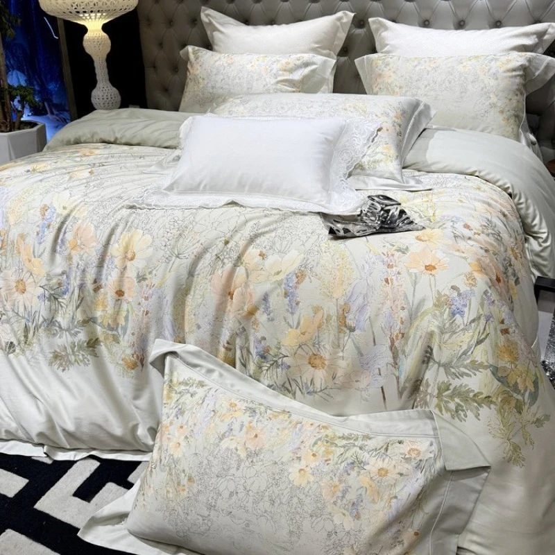 High-luxury silky smooth Tencel cotton digital printing soft waxy bedding multi-piece set, skin-friendly and cool
