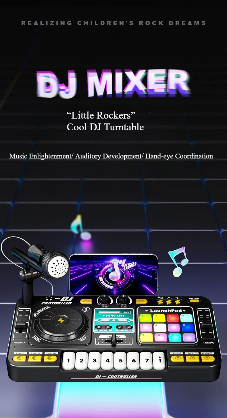 Giradischi DJ per bambini Stabile senza fili con microfono Mixer musicale DJ leggero Giocattoli educativi multifunzionali per bambini