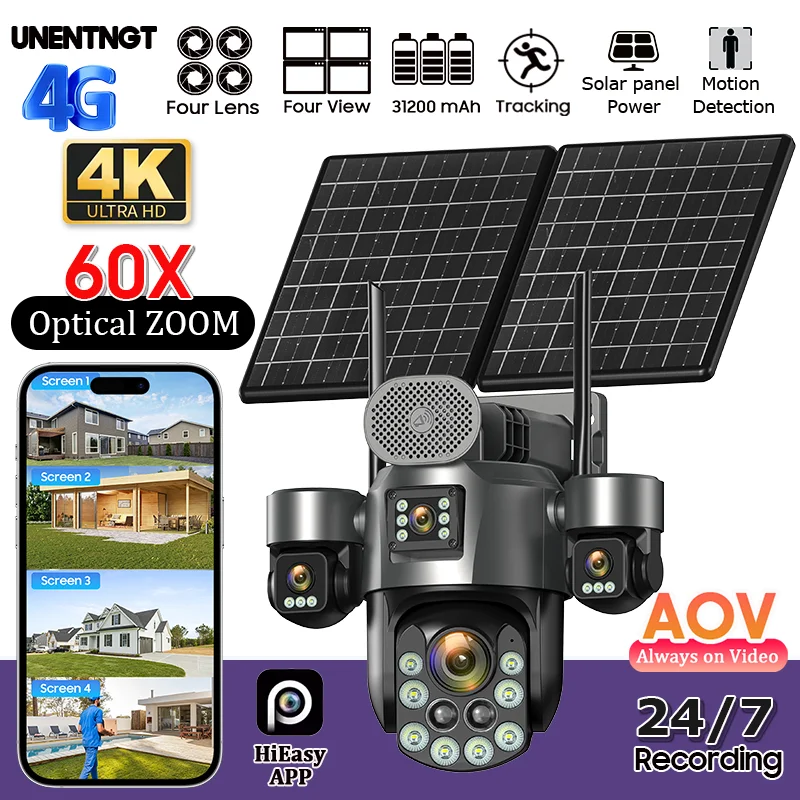 4G SIM Solar Security Camera Outdoor 4 Lens/Screen 60X Optical Zoom Human Track 360° PTZ CCTV Wireless Surveillance 24 Recording