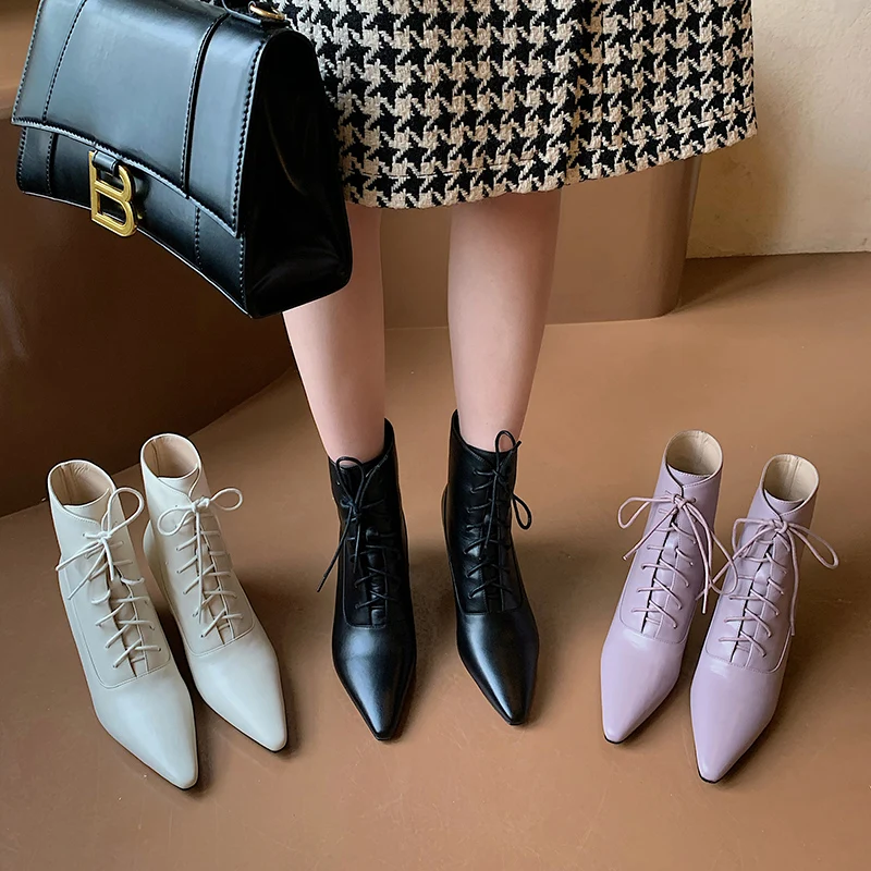 2026 new autumn winter women ankle boots 22-24.5cm cowhide+sheepskin+microfiber pointed toelace-up high heel women short boots