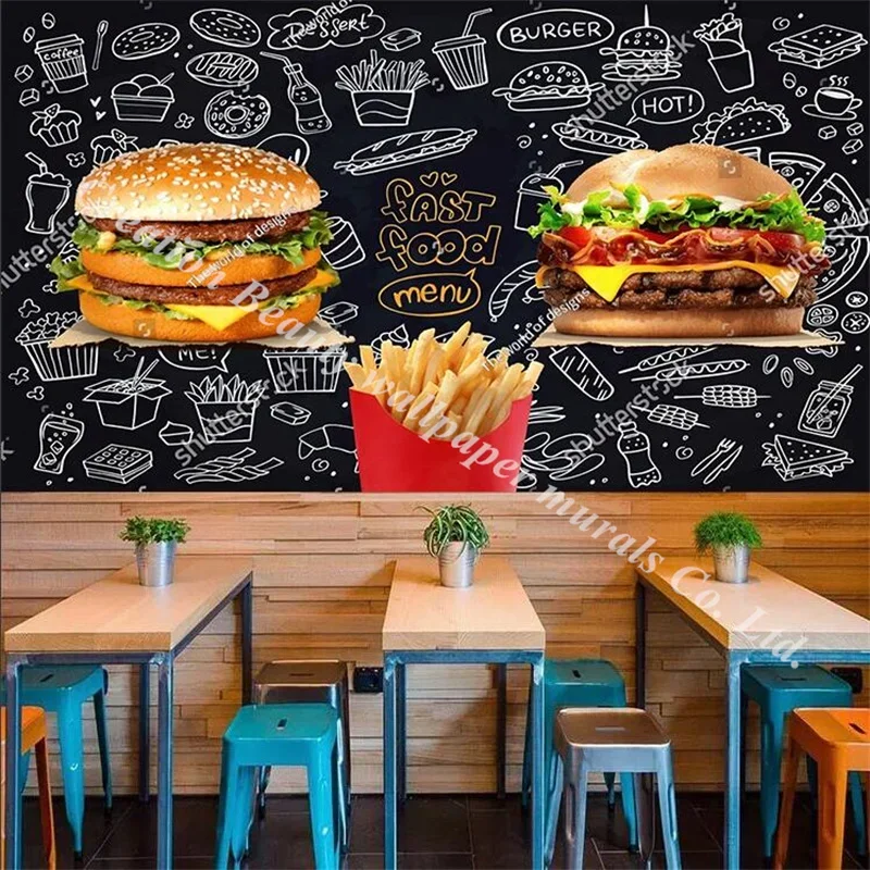 

Blackboard Burger French Fries Wallpaper Industrial Decor Mural Fast Food Restaurant Snack Bar Background Wall Paper Papel Tapiz