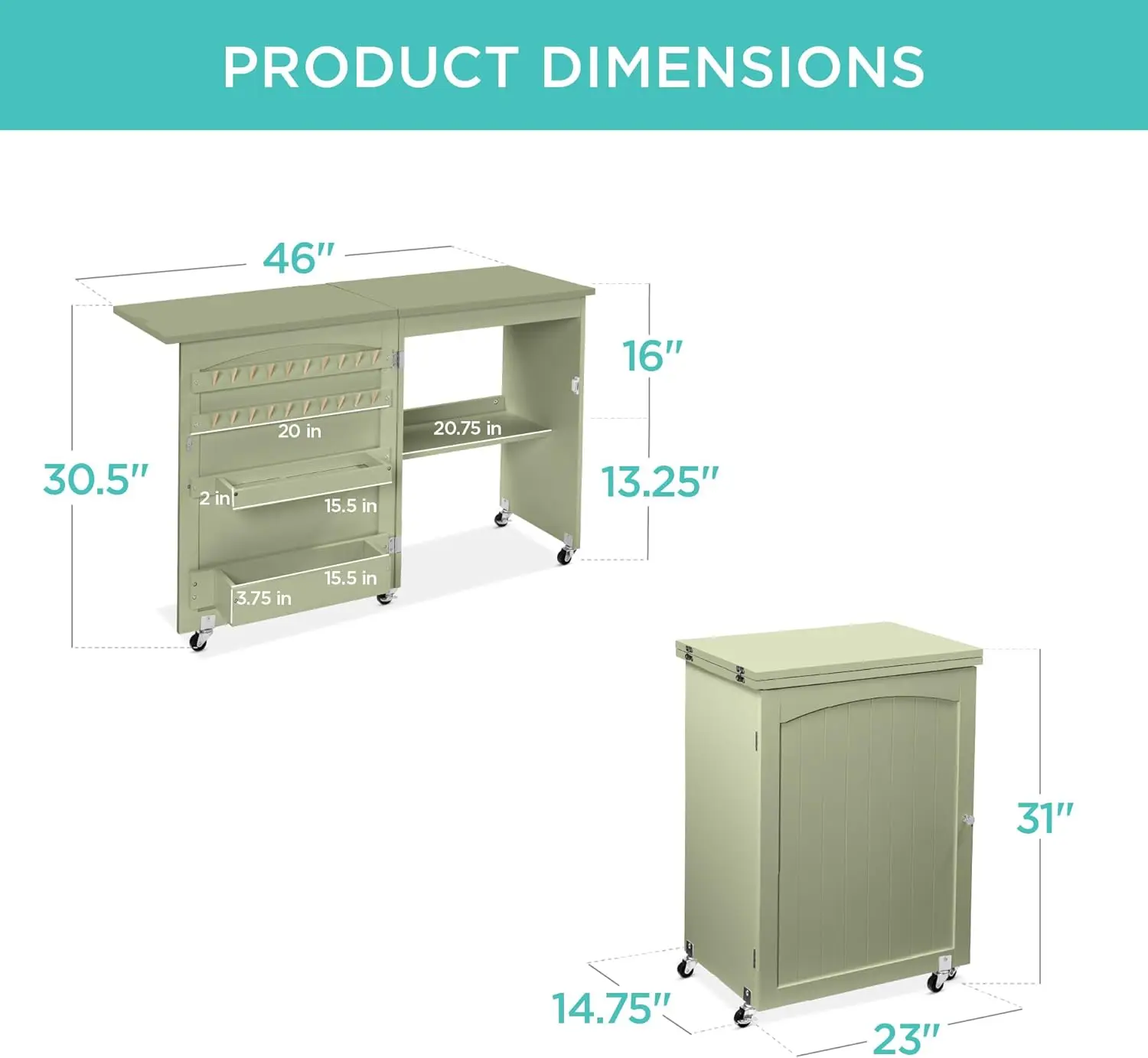 Folding Sewing Table Multipurpose Craft Station & Side Desk with Compact Design, Wheels, Shelves, Storage Trays, Pegs