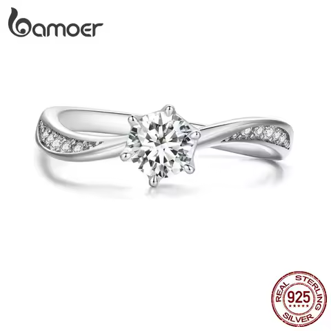 Bamoer 925 Sterling Silver Minimalist Geometric Twisted Finger Ring Pave Setting CZ Band for Women Engagement Anniversary Gift