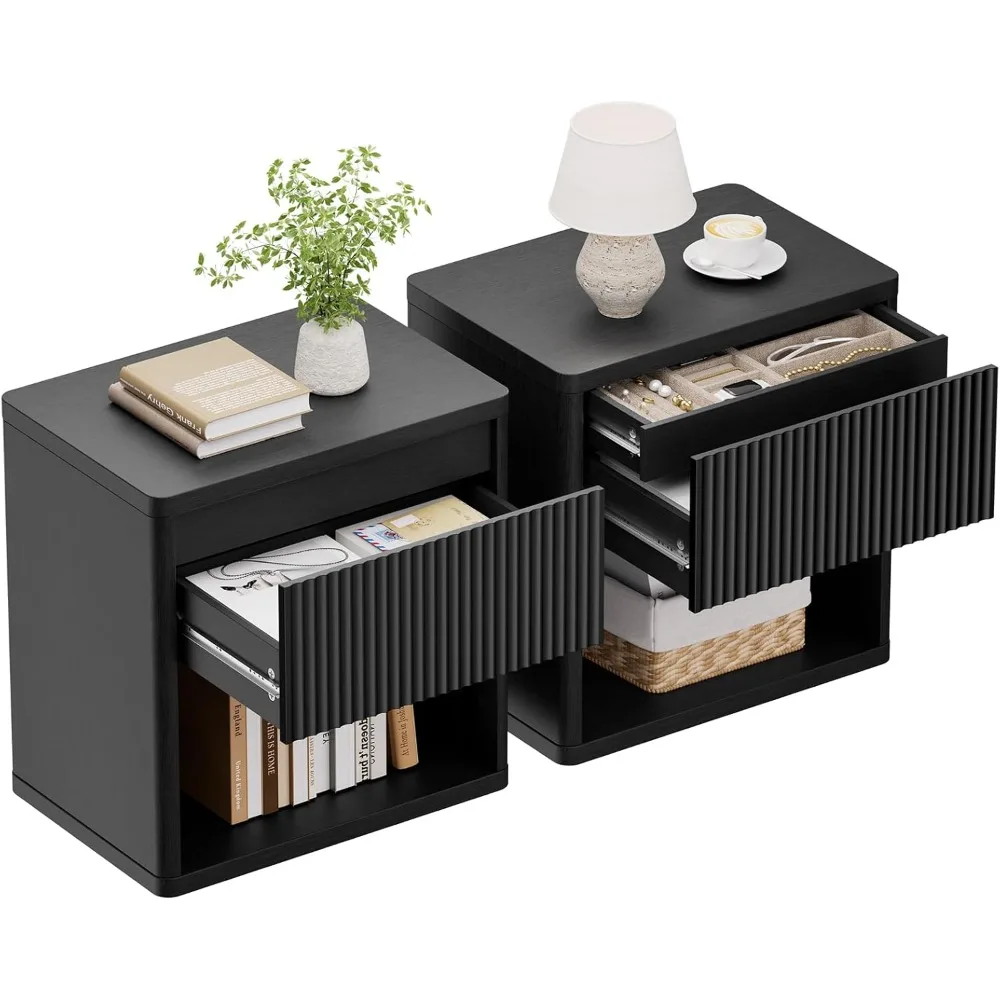 

22.8" W Black Fluted Nightstand Set of 2 with 4 Drawers, Mid Century Modern Nightstand with Hidden Drawers, Large Night Stand, A