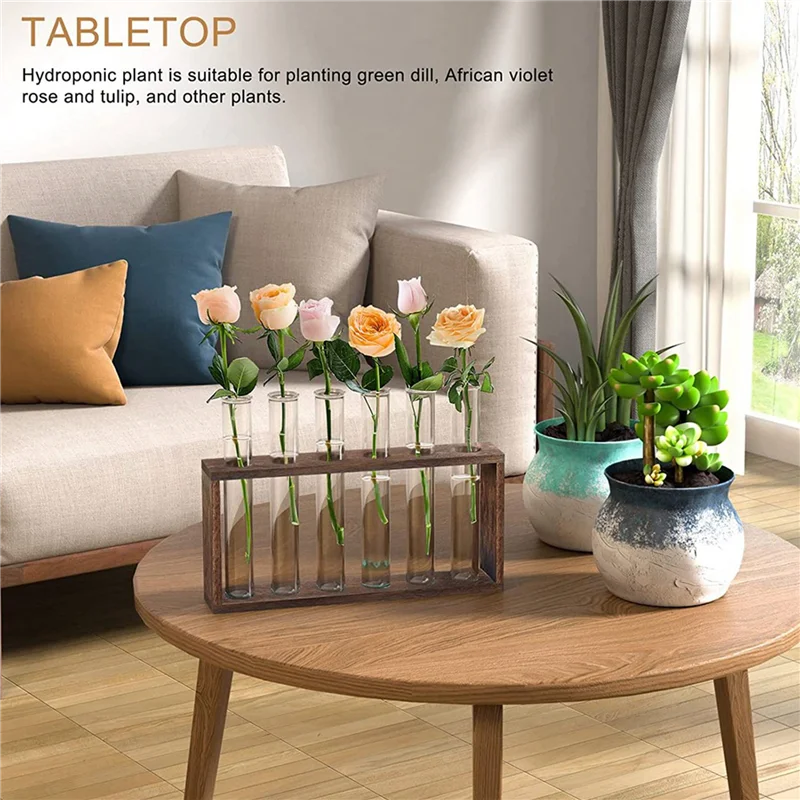 AT29-2X Plant Terrarium With Wooden Stand, Desktop/Wall Hanging Live Plant Propagation Station Planters Glass Tubes