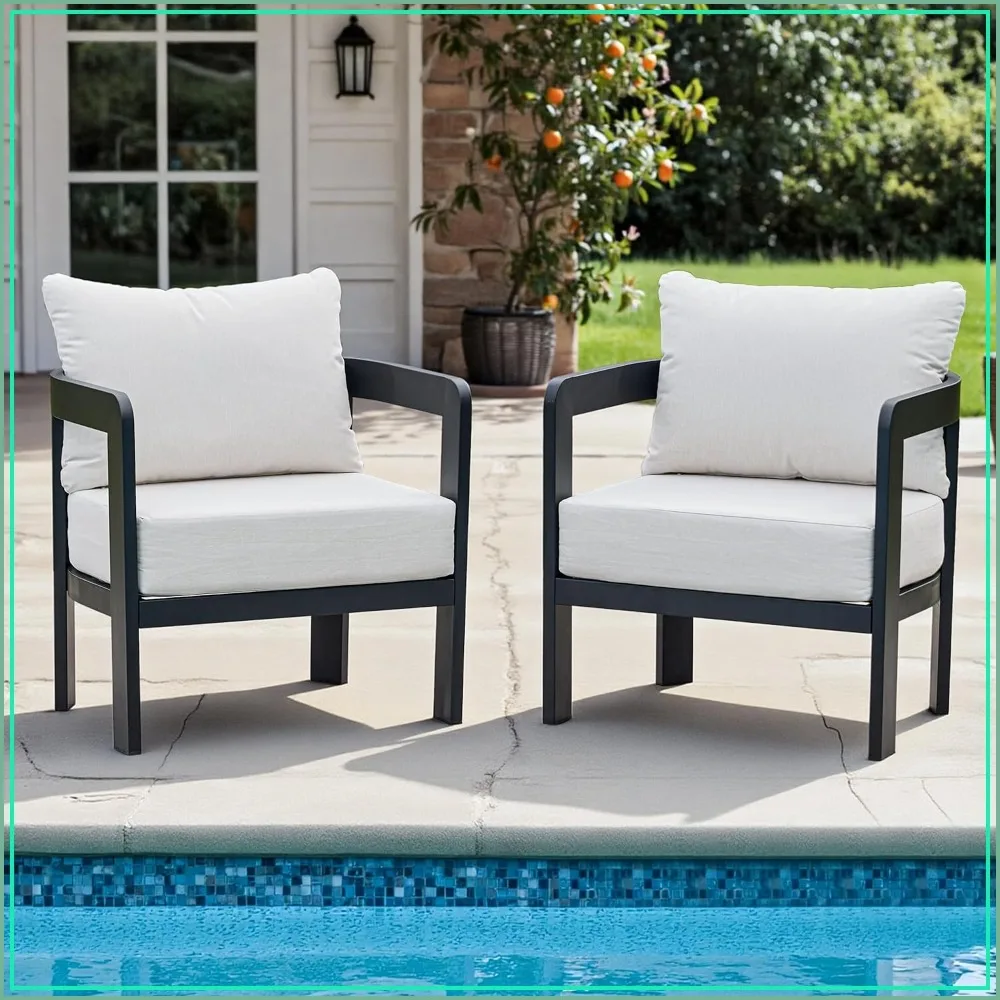 Metal Outdoor Patio Chairs Set of 2 with 6 Inch Cushions, White