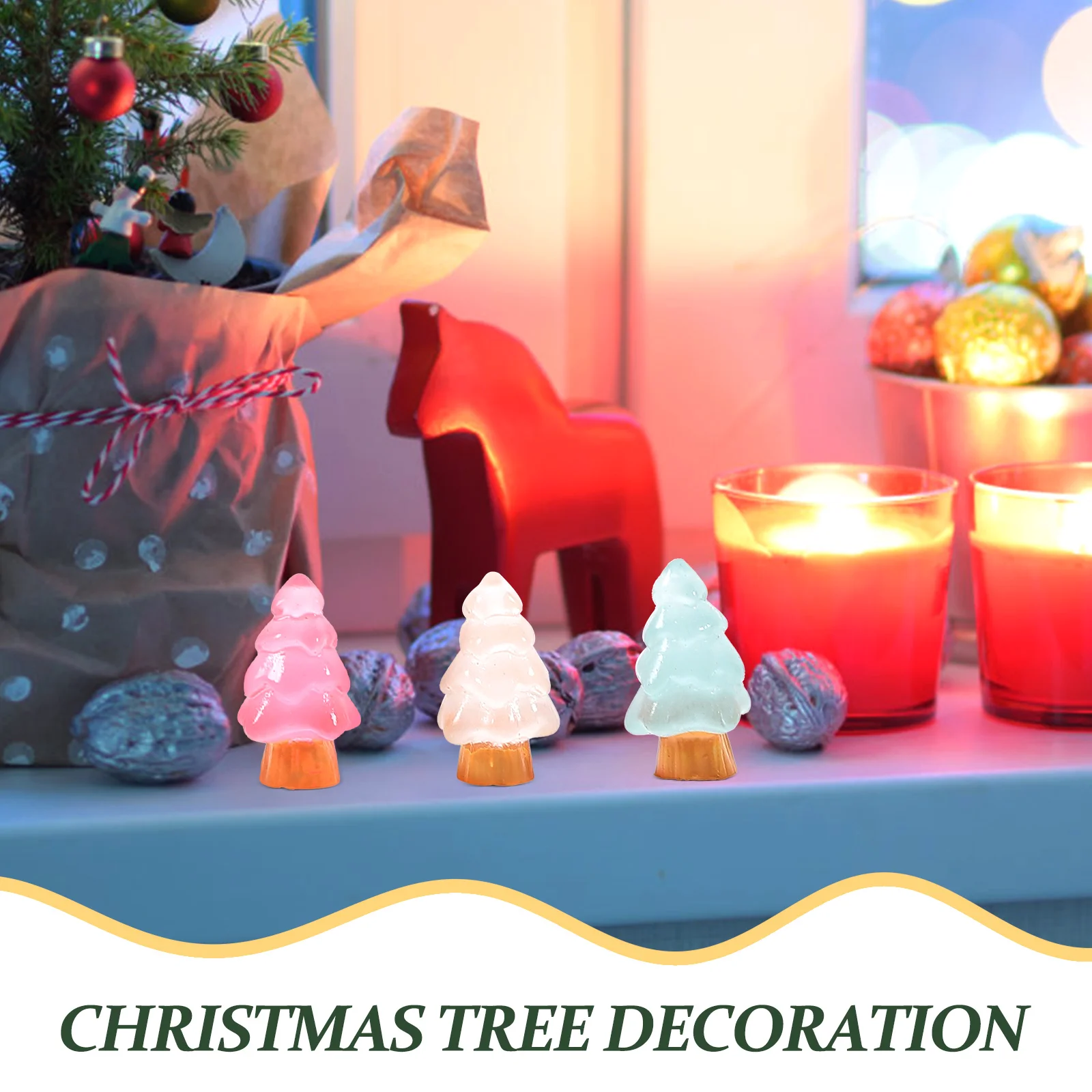 

8pcs Luminous Christmas Resin Decor Desktop Mini Xmas Ornament Party Supplies Small Artificial Tree Mantel Decoration Festive