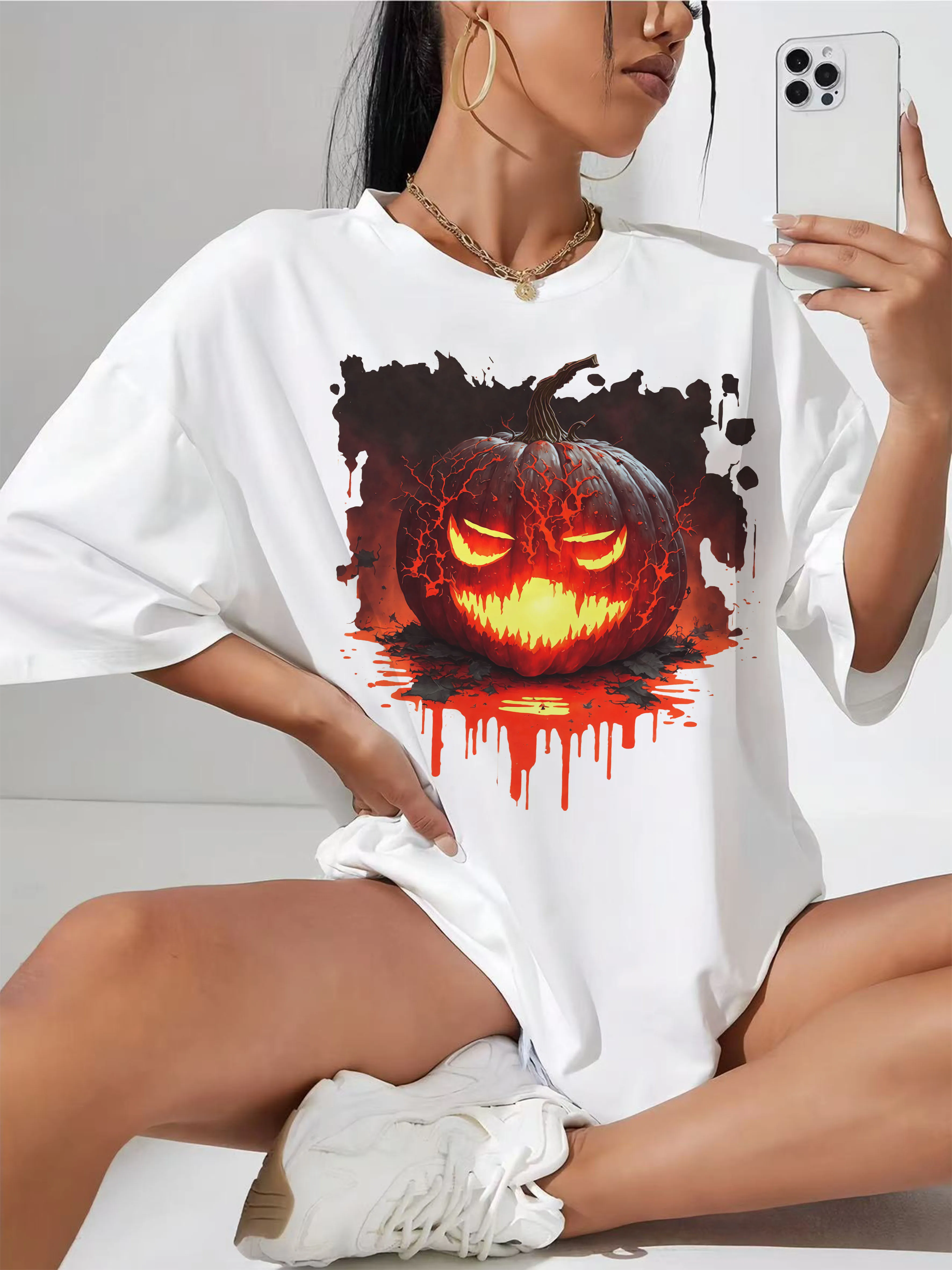 

White Crew Neck T-Shirt Women Cotton Soft Loose Comfy Fit with Stylish Halloween Print Comfortable Stylish Shirt