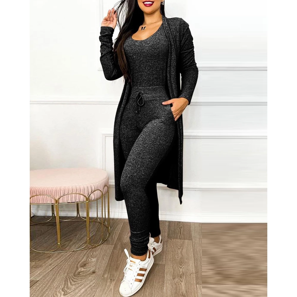 Women U-Neck Drawstring Pocket Design Sleeveless Jumpsuit With Long Sleeve Coat Set Casual Fashion Femme Skinny Jumpsuit