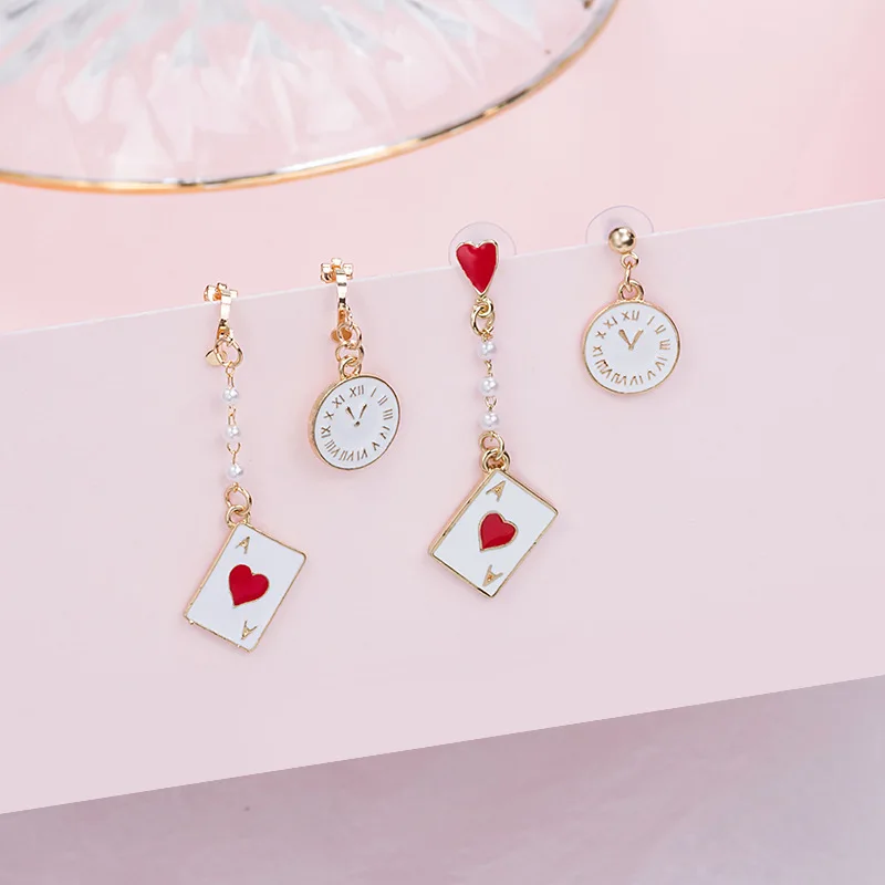

Wonderland Princess Heart Poker Earrings For Women Cute Clock Hearts Spades Playing Card Dangle Jewelry Gifts