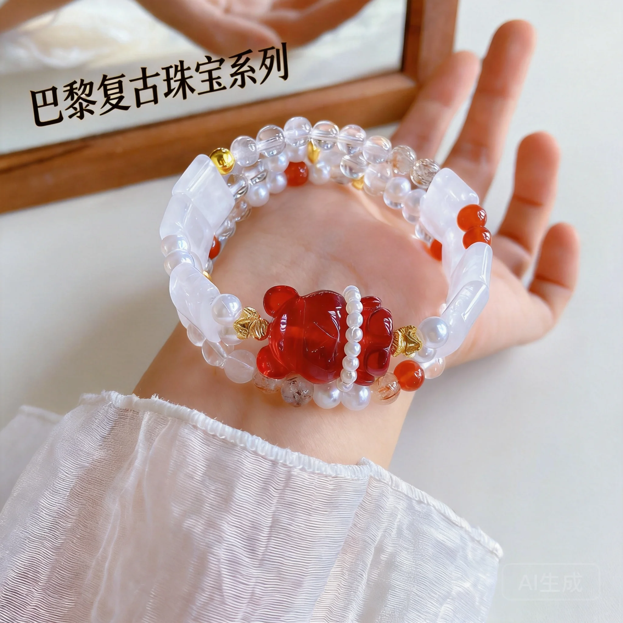 Chinese Fengshui Lucky Red Bear Bracelet Natural White Phantom Clear Quartz Blood Amber Double Layer Beaded Bracelet For Women