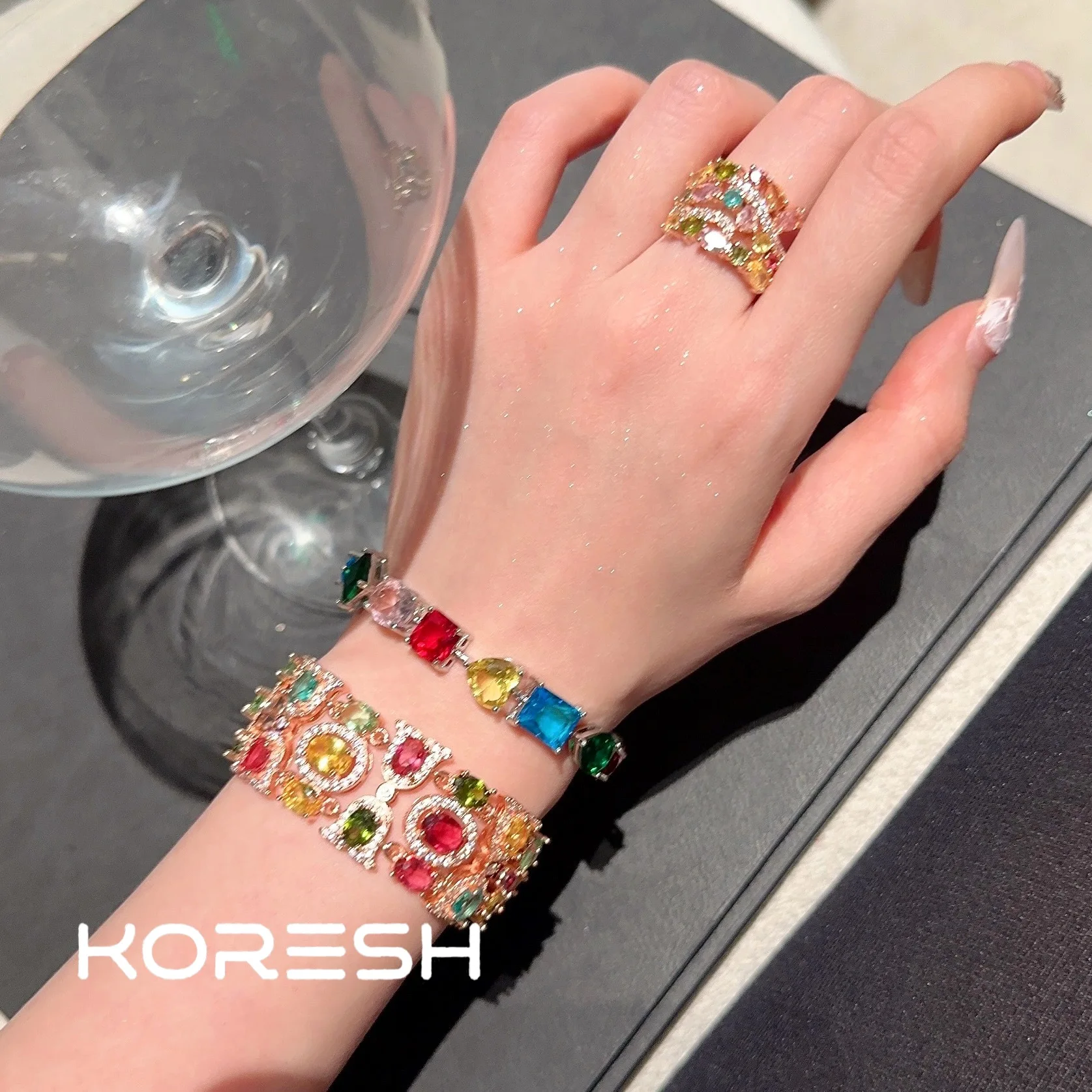 Women Austrian Rainbow Gem Bracelet Fantasy Bubble Plated 18K Gold Margaret Colored Gem Zircon Ring