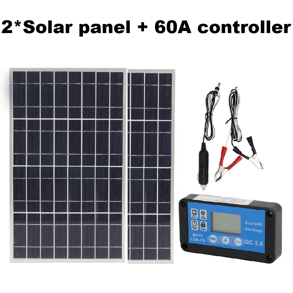 18V Portable Solar Panel Kit With 60A Auto Controller USB Output For 12V 24V Battery Charging RV Boat Marine Accessories