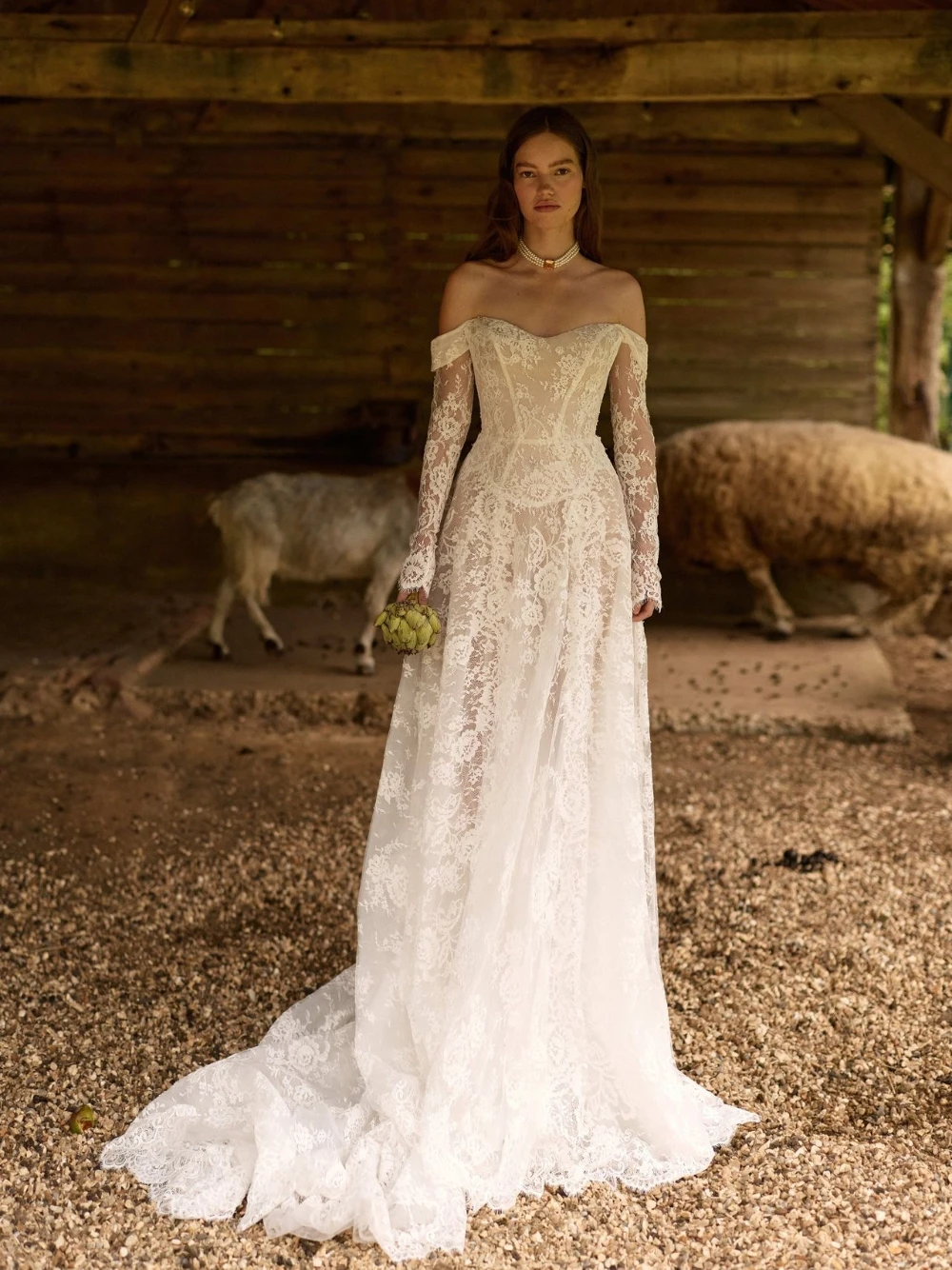 Vestido de novia de encaje Pastoral romántico con hombros descubiertos y tren elegante vestido de novia de línea A para bodas de granja de jardín al aire libre