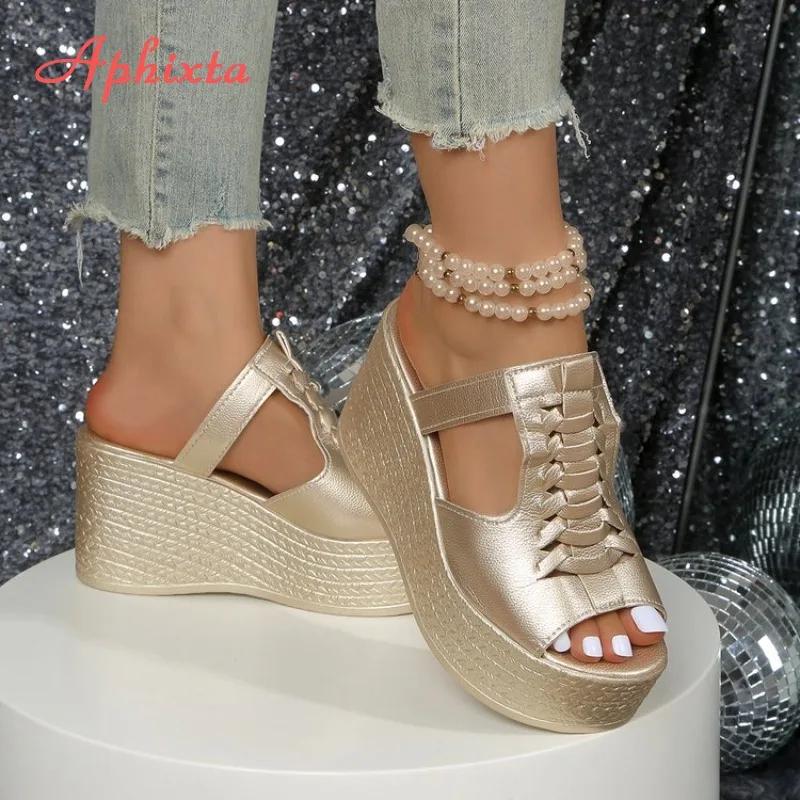 

Aphixta 9cm Super High Heels Platform Slippers Black Gold Summer Outside Shoes for Woman Wedge Heel Weave Shoes Brand Luxury