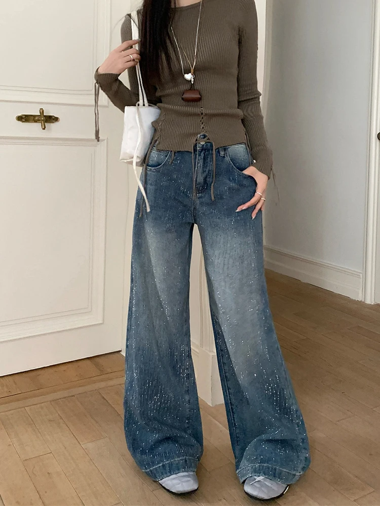 

Spring 2026 High Waist Wide Leg Denim Pants Women's Chic Korean Sle Faion Design Sensation Rhinestone Casual Jeans