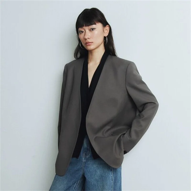 

Casual Fashion Shoulder Pad Grey Suit Women's Business Slim Fit Spring Autumn Style Commute Wind Regular Thickness Polyester
