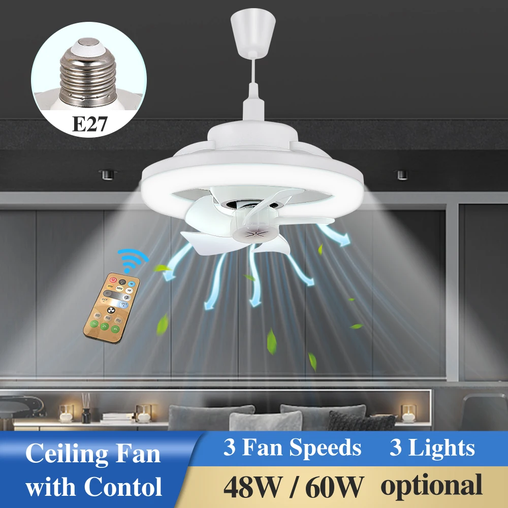 LED 램프 타이밍 무소음 팬, 조명 및 제어 기능, E27 베이스 AC85-265V, 3 색 온도, 360 ° 회전, 48W, 60W