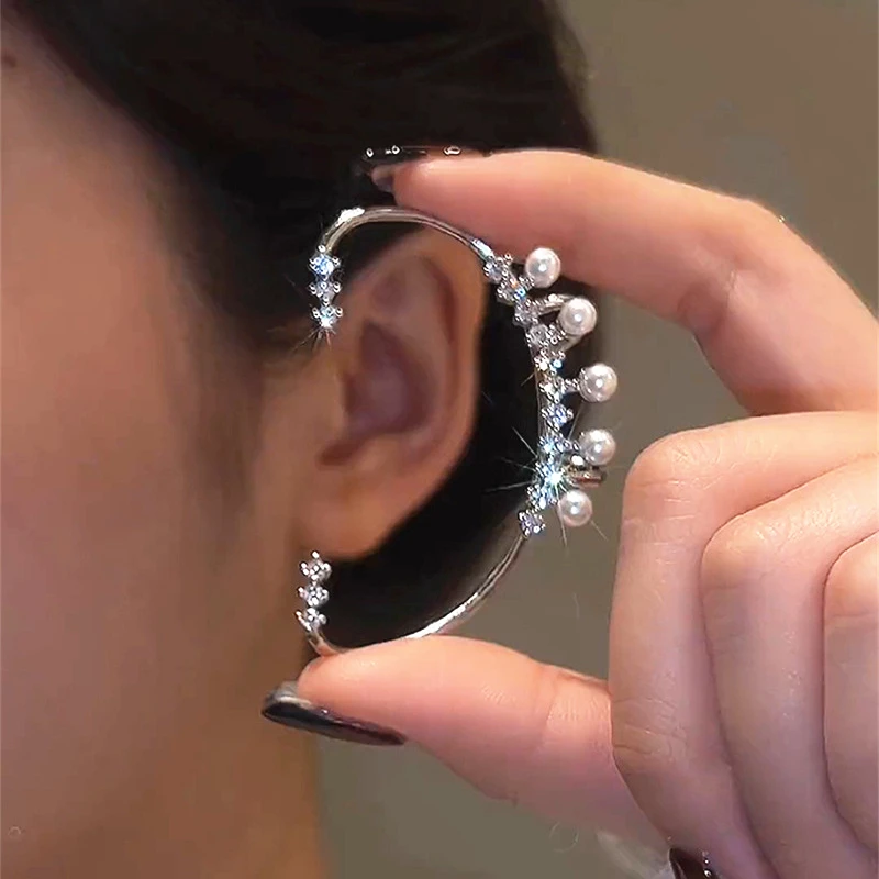 Fashion Imitation Pearl Without Piercing Earrings Silver Color Ear Clips Sparkling Zircon Ear Cuff Clip Earring Wedding Jewelry