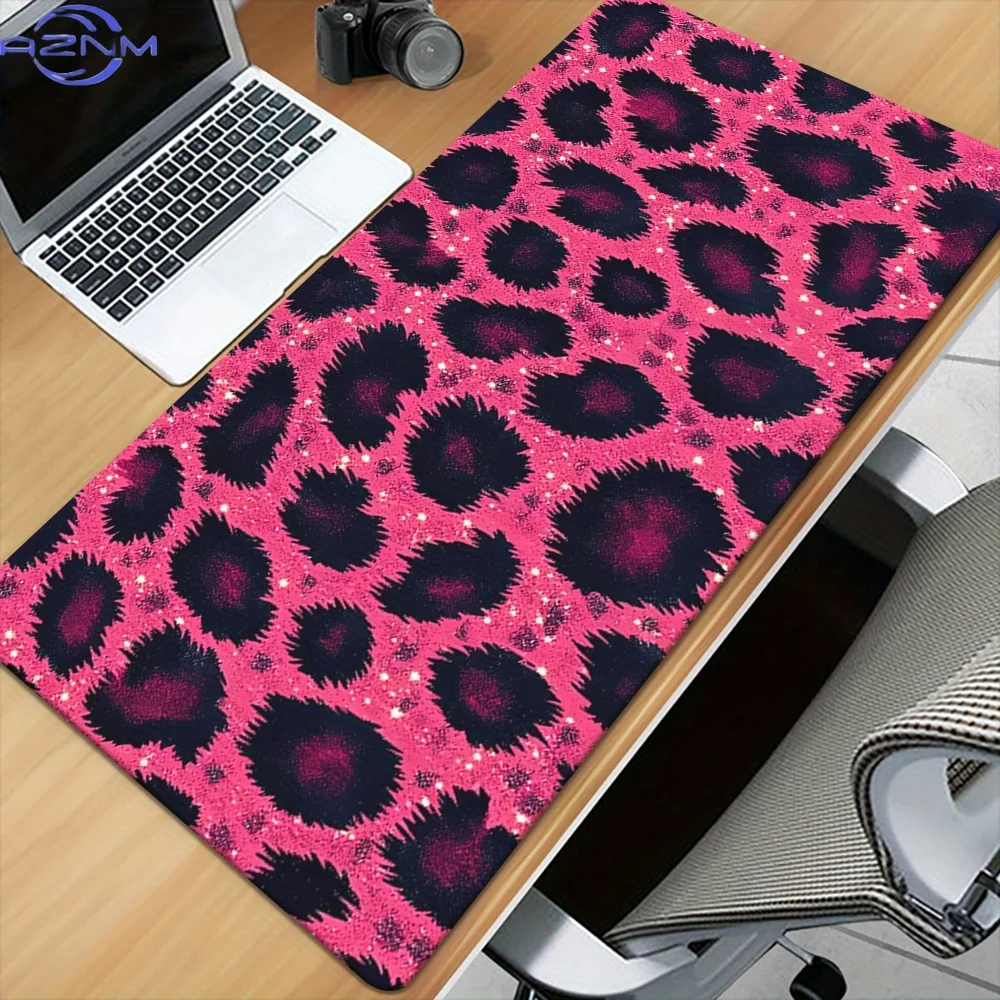 1pc Pink Leopard Print XXL Gaming Mouse Pad & Desk Mat - HD Printed Non-Slip Rubber Base, Soft Fabric Surface, 3 Sizes (600x300m