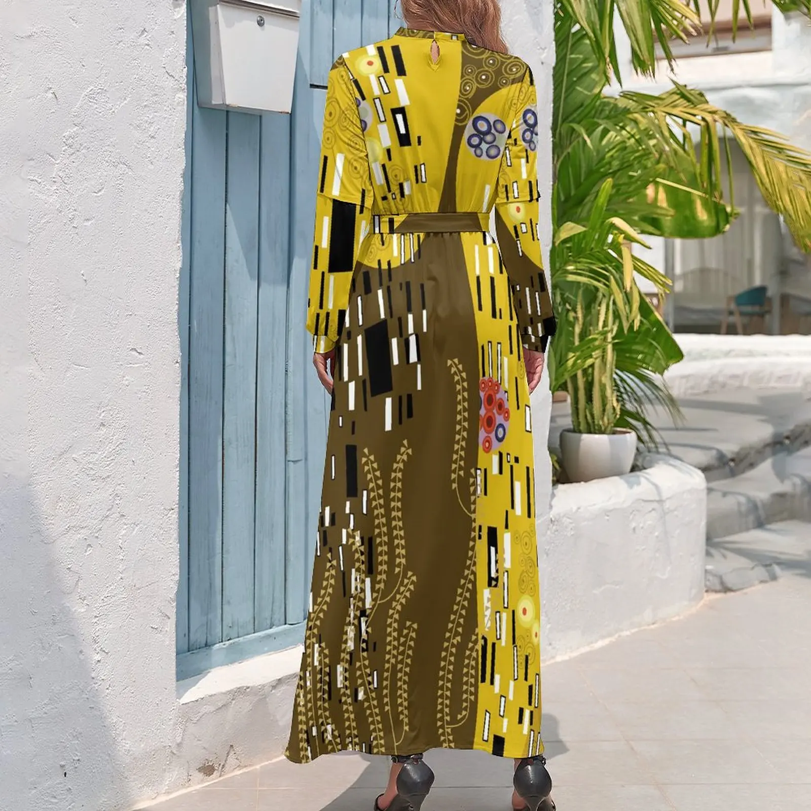 Gustav Klimt inspirou vestido maxi gráfico, cintura alta, streetwear de manga comprida, o beijo fofo, boho, praia, vestidos longos