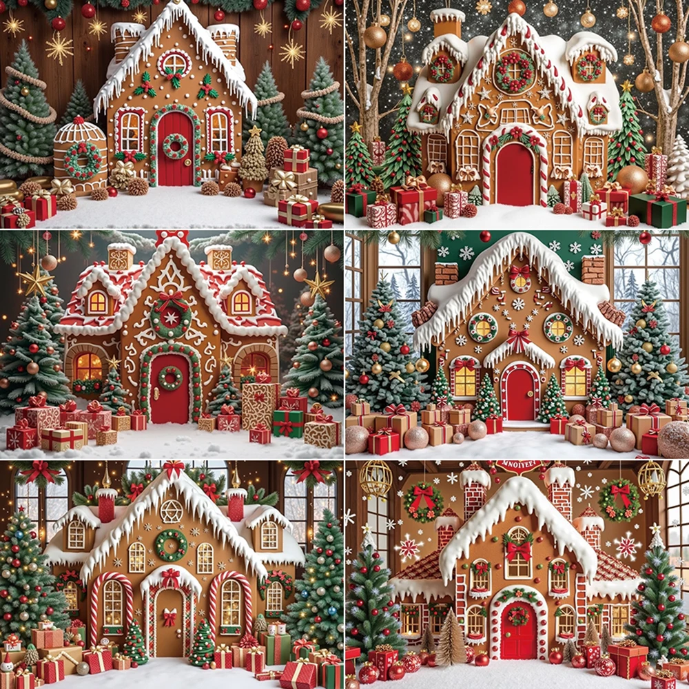 

MOON.QG Christmas House Backdrop Photography Gingerbread Xmas Trees Gifts Photozone Background Baby Studio Photocall Accessories