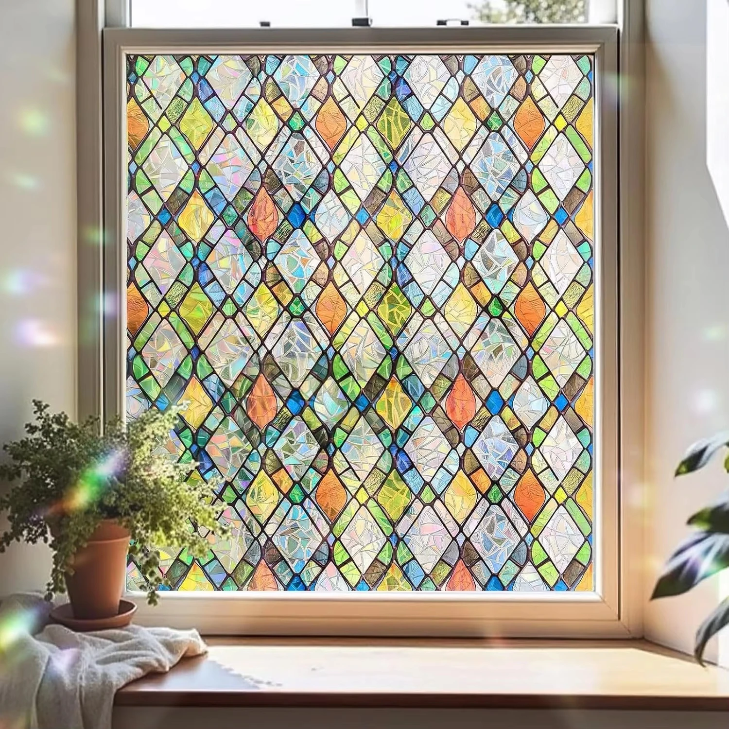 Stained Glass Window Film, Window Privacy Films, Colorful Lattice Window Tint, Rainbow Glass Decals Stickers for Home Anti UV