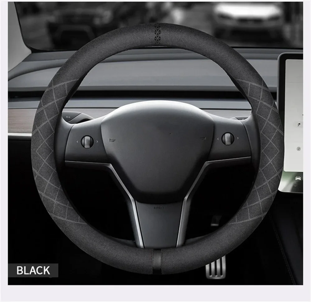 Auto-Lenkradbezug aus Wildleder, 38 cm, rutschfest, atmungsaktiv, universell einsetzbar, Kalibrierungsmarkierung, Autozubehör für Tesla. – Detail 15