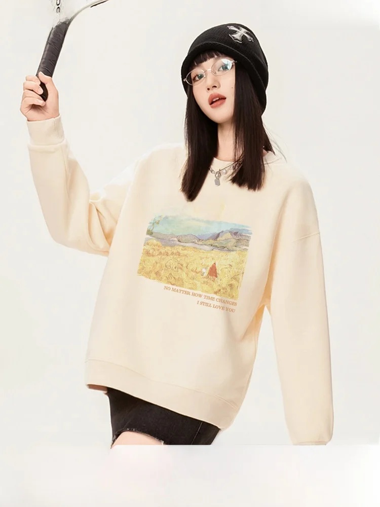 

Женская утепленная толстовка Snow Mid Flying Lamb Velvet с круглым вырезом, пуловер в корейском стиле, с длинными рукавами, из хлопка и полиэстера