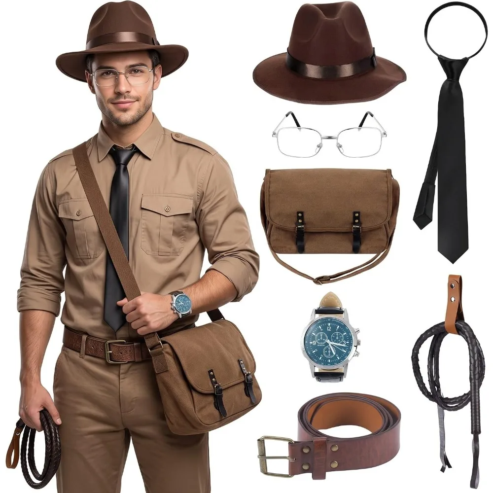 8Pcs Halloween Steampunk Adventurer Retro Middle Ages Costume Accessories for Men Hat Bag Watch Belt Tie Whip Whip Strap Set