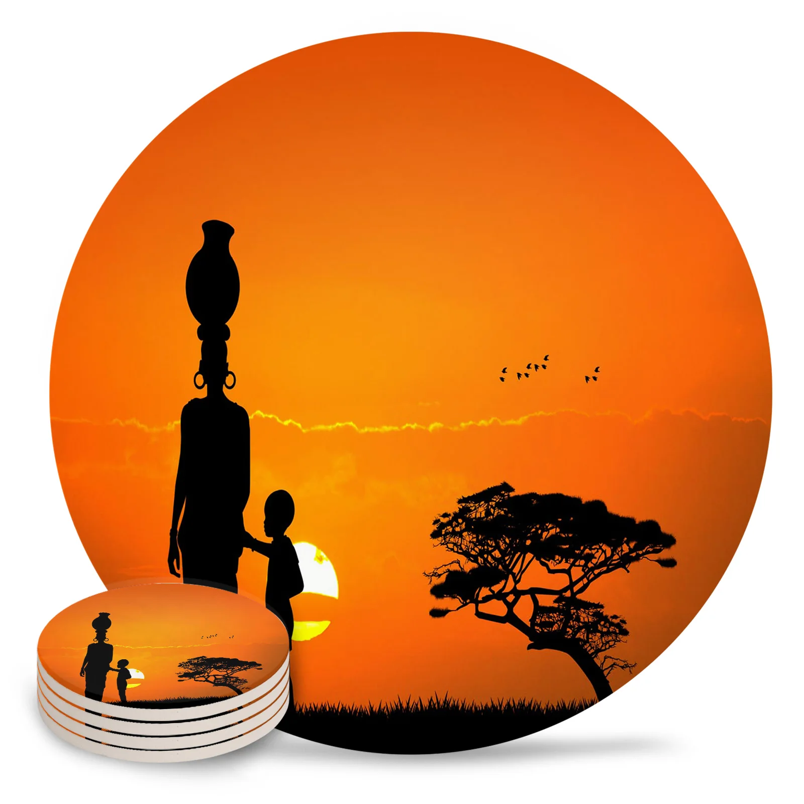 Ethnic Sunset African Woman Tree Silhouettes Ceramic Coaster Set Coffee Tea Cup Coasters Kitchen Accessories Round Placemat