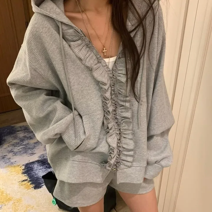Korean Style Chic Wood Grain  Hoodie Jacket Women's Casual Shorts Two-Piece Set Autumn Fashion Outerwear Innerwear