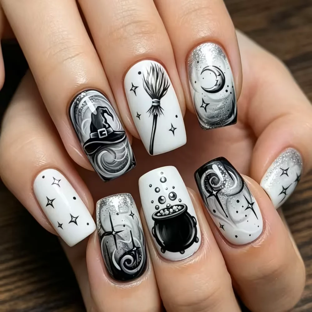 24Pcs Medium Square Halloween Press On Nails Black White Witch Moon Silver Glitter Glossy Removable Fake Nail Tips Women Party