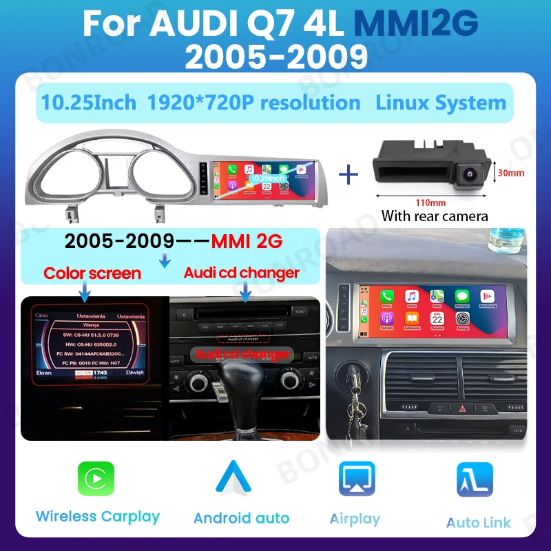 BONROAD 10.25 "Autoradiospeler Draadloze CarPlay Android Auto Multimedia Touchscreen Voor Audi Q7 4L 2005-2015 GPS Bluetooth 5.0