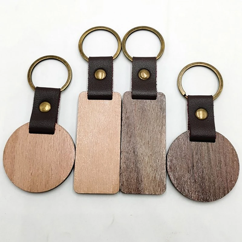 10Pcs Blank Wood Keyring Personalised Round/Rectangle Keychain Wooden Pu Leather Key Chain Jewelry For Friend