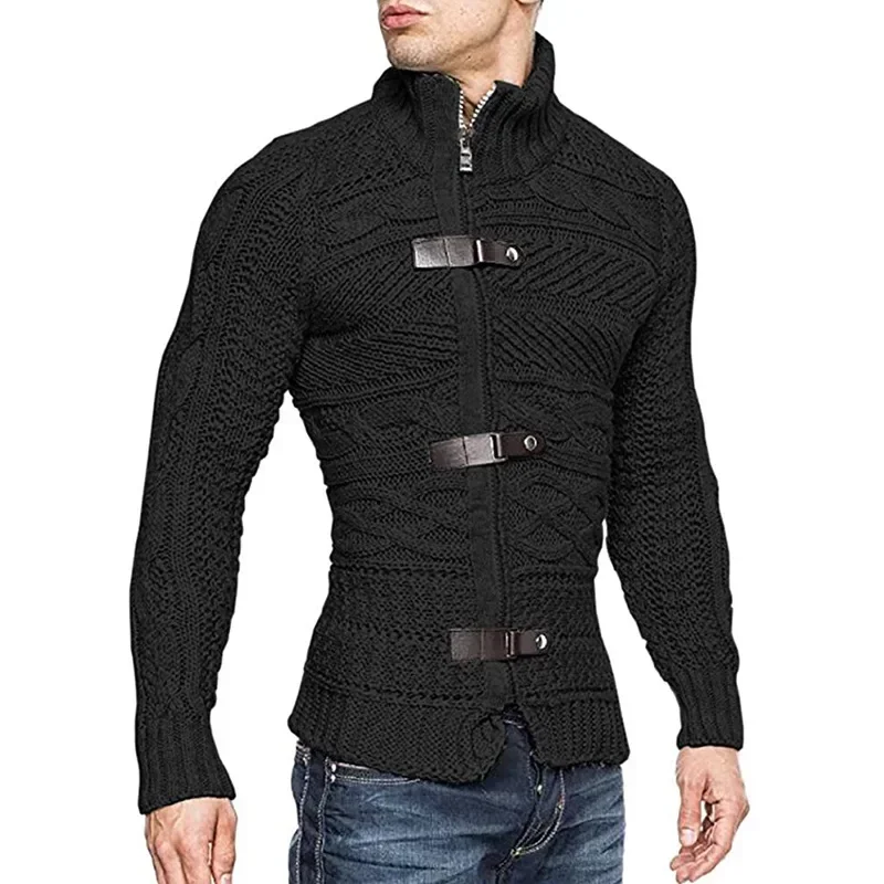 Men Sweaters Autumn Winter High Neck Sweater Men\'s Leather Buckle Long Sleeve Knitted Cardigan Coat Large Size Men Clothing