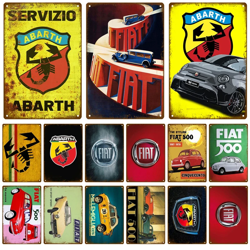 Car Tin Sign Vintage Shabby Abarth Car Poster Bar Pub Garage Man Cave Sign Metal Wall Plates Decor Printed Tin Board Painting