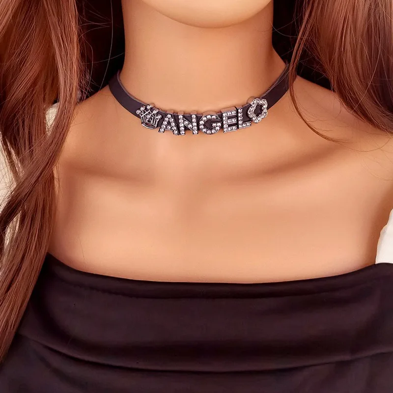 OL Pu Leater Choker Necklace with Angel Joy Peace Love Lovely Letter Pendants for Women Daily Wear Jewelry Gifts