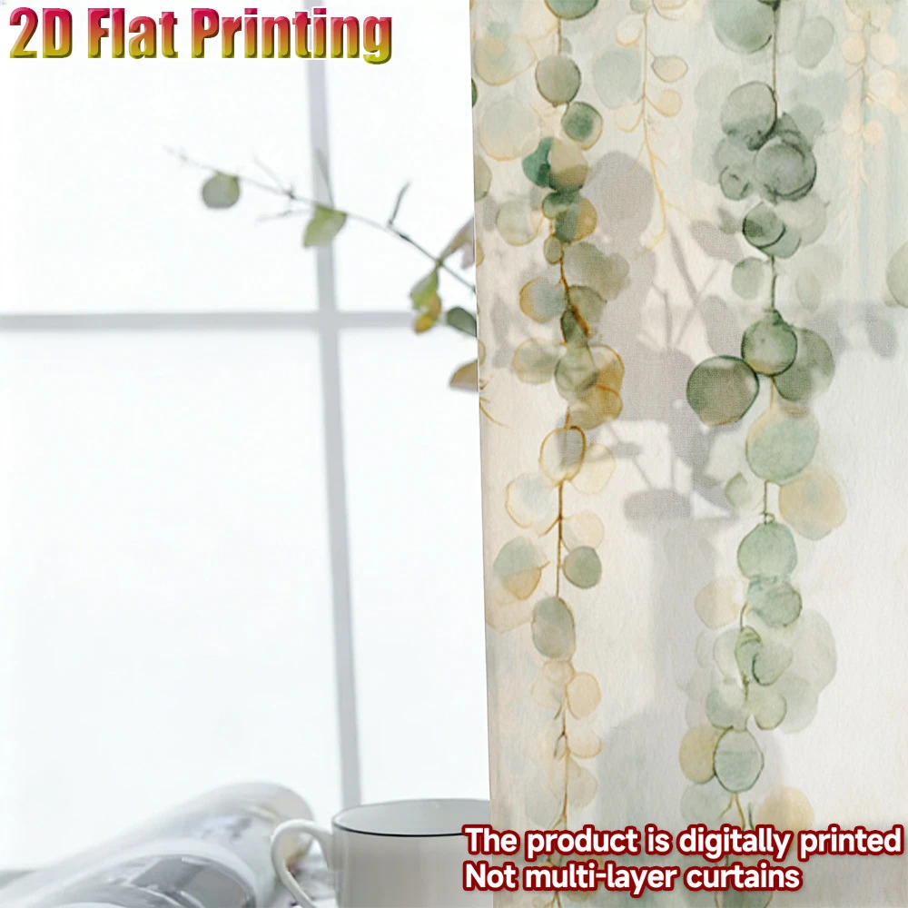 2PCS Digital Print Sheer Curtains Watercolor Hanging Eucalyptus Leaf Print Fresh Green A&B Sheer Window Curtains