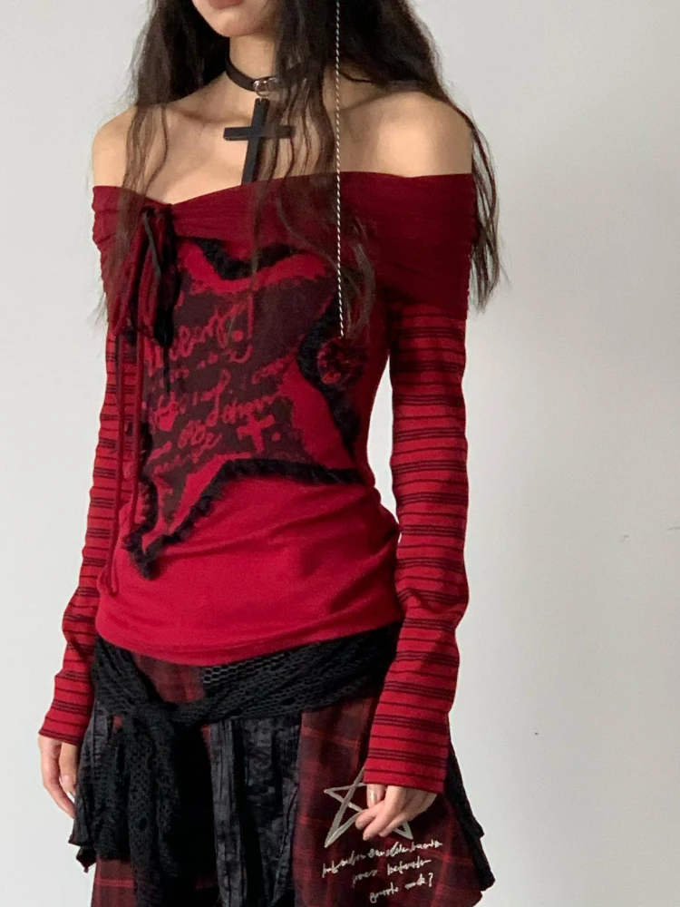 Punk Gothic Off-shoulder Red T-shirt Women Harajuku Vintage Y2k Clothes Japanese Aesthetic Streetwear Long Sleeve Tops Sexy Tees