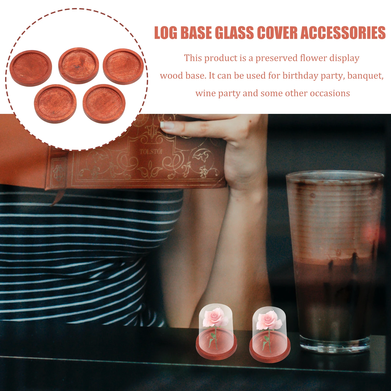 

10 Pcs Mini Wooden Base Glass Cover Accessories Compact Size Preserved Flower Display Red Color Sturdy Wear Resistant Long Term