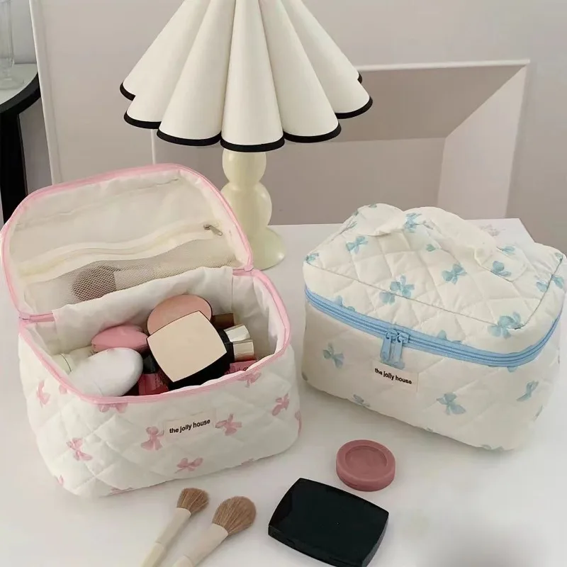 Borsa per organizer per trucco da donna con stampa coreana con fiocco Custodia per cosmetici dolce per articoli da toeletta da viaggio Borsa per