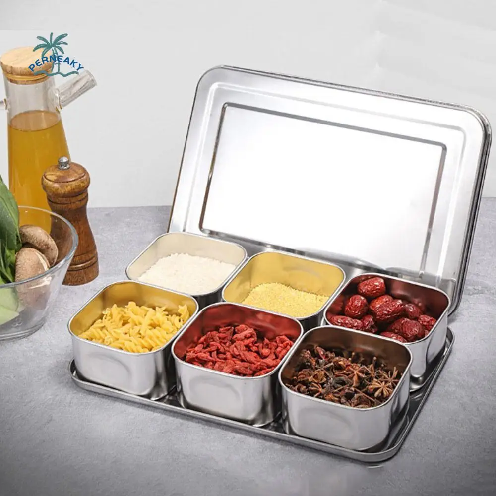 

6/8 Grid Seasoning Storage Box Stainless Steel Rust-proof Food Preparation Box Rectangular Durable Dessert Ingredient Box