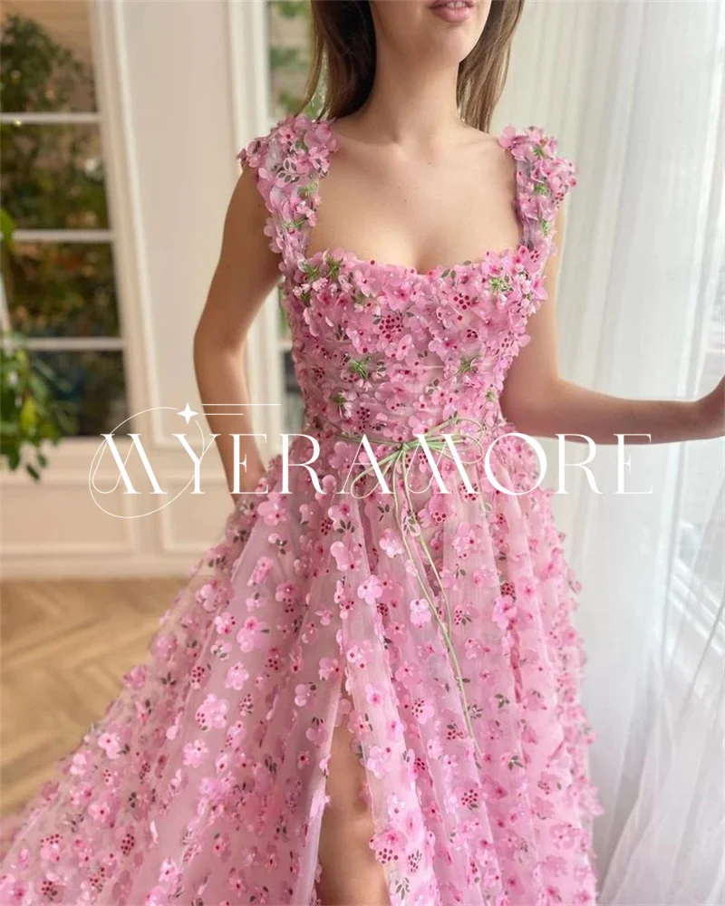 تول فساتين سهرة ثلاثية الأبعاد على شكل زهرة أشرطة سباغيتي فتحة عالية على شكل حرف a سويب تراين فساتين لحضور الحفلات الموسيقية مخصصة فساتين سهرة