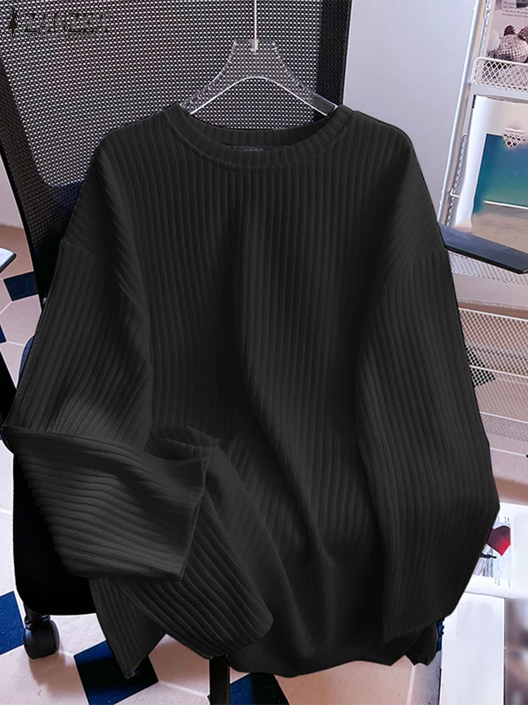 

ZANZEA Women Knitted T-shirts Fashion Solid Color Simple Tops 2025 Casual Long Sleeve O-Neck Tees Holiday Striped Pattern Tunics