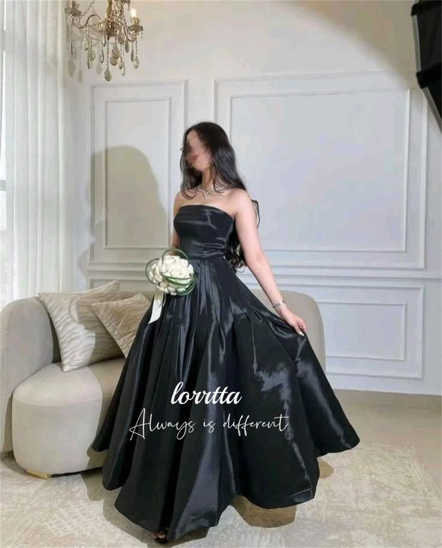 Lorrtta Black Eid Dress Strapless Glossy Fabric Line A Party Elegant Evening Dresses 2024 Luxury Happy Prom Customized