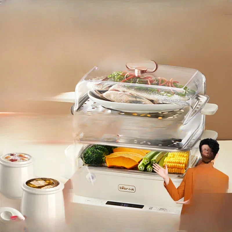 

Electric steamer, multi-functional household three-layer heat preservation timed steam cooker, waterproof steamer,