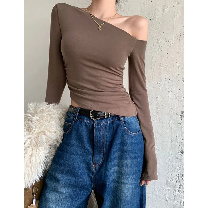 Irregular Skew Collar Long Sleeved Tees Women Jazz Dance Skinny Black Tops Harajuku Y2K Fashion Pleated High Street Pullovers