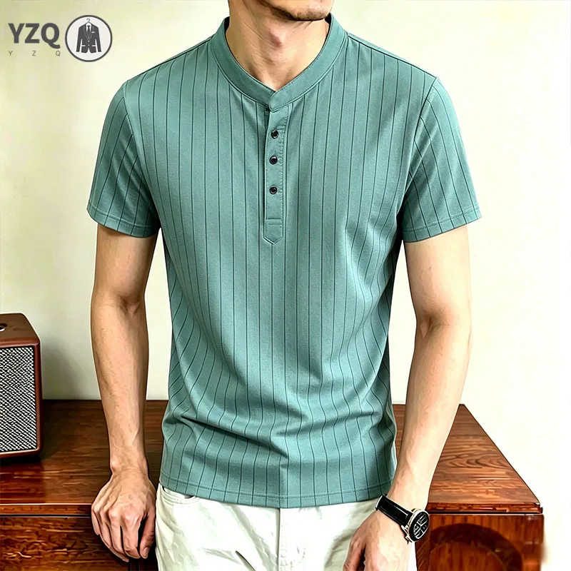 Male full thin vertical line henley tee split stand three button placket slim elastic breathable family gathering wear shirt