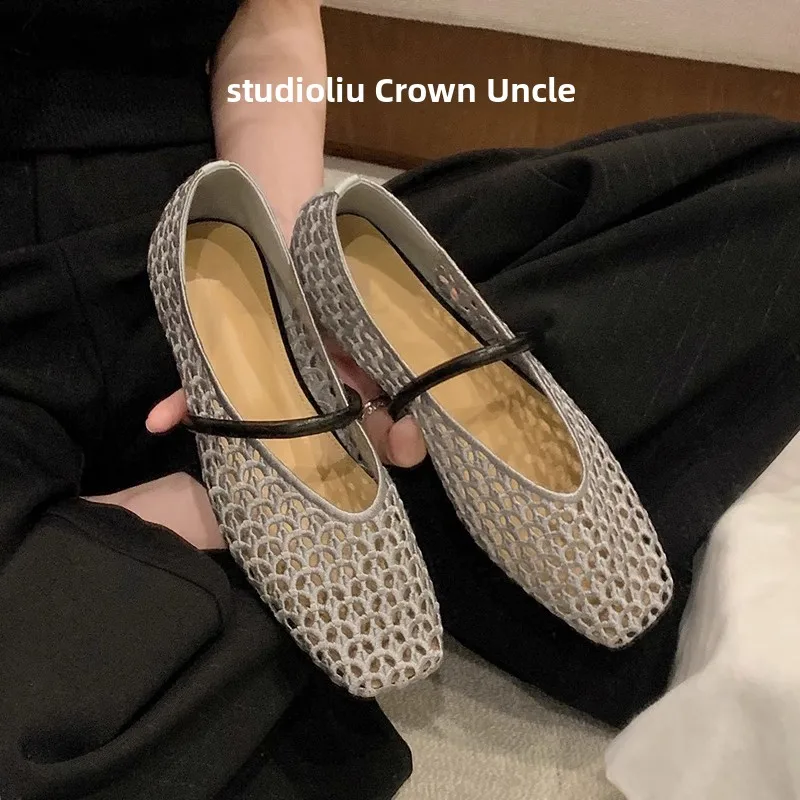 

Кожаные тканые женские сандалии Me up Mary Jane на плоском каблуке с синей квадратной головкой и полым дизайном, дышащие, удобные